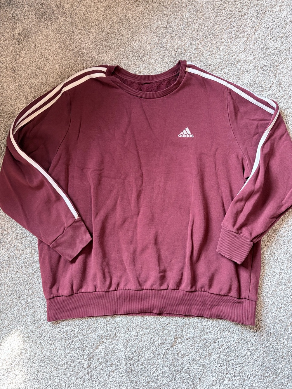 adidas Men's Burgundy Crewneck Sweater with White Shoulder Stripes